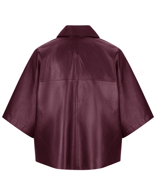Cropped Short Sleeve Leather Jacket in Burgundy