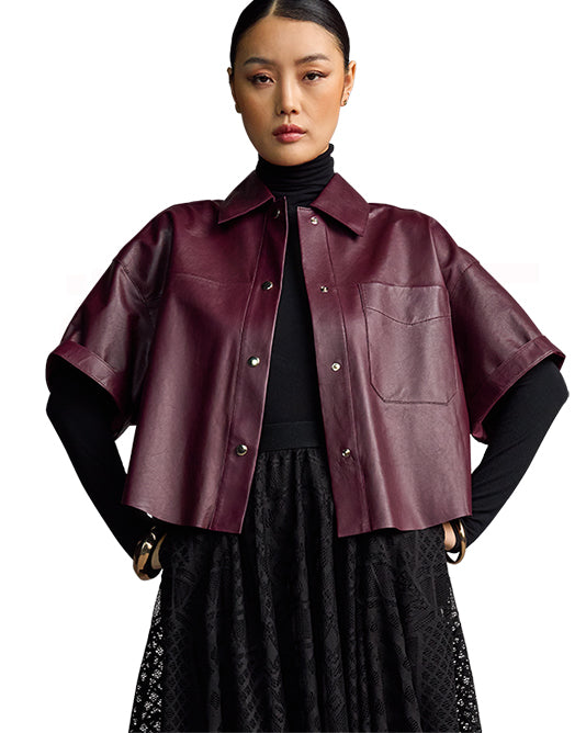 Cropped Short Sleeve Leather Jacket in Burgundy