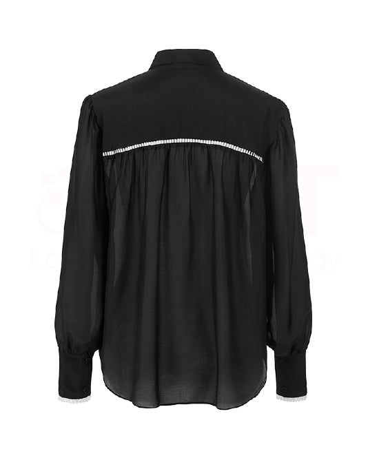 Silk Black Blouse with White Ladder Lace Ribbon