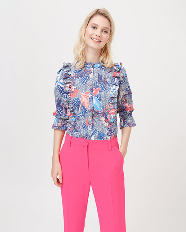 Print Blouse With Ruffle Shoulder