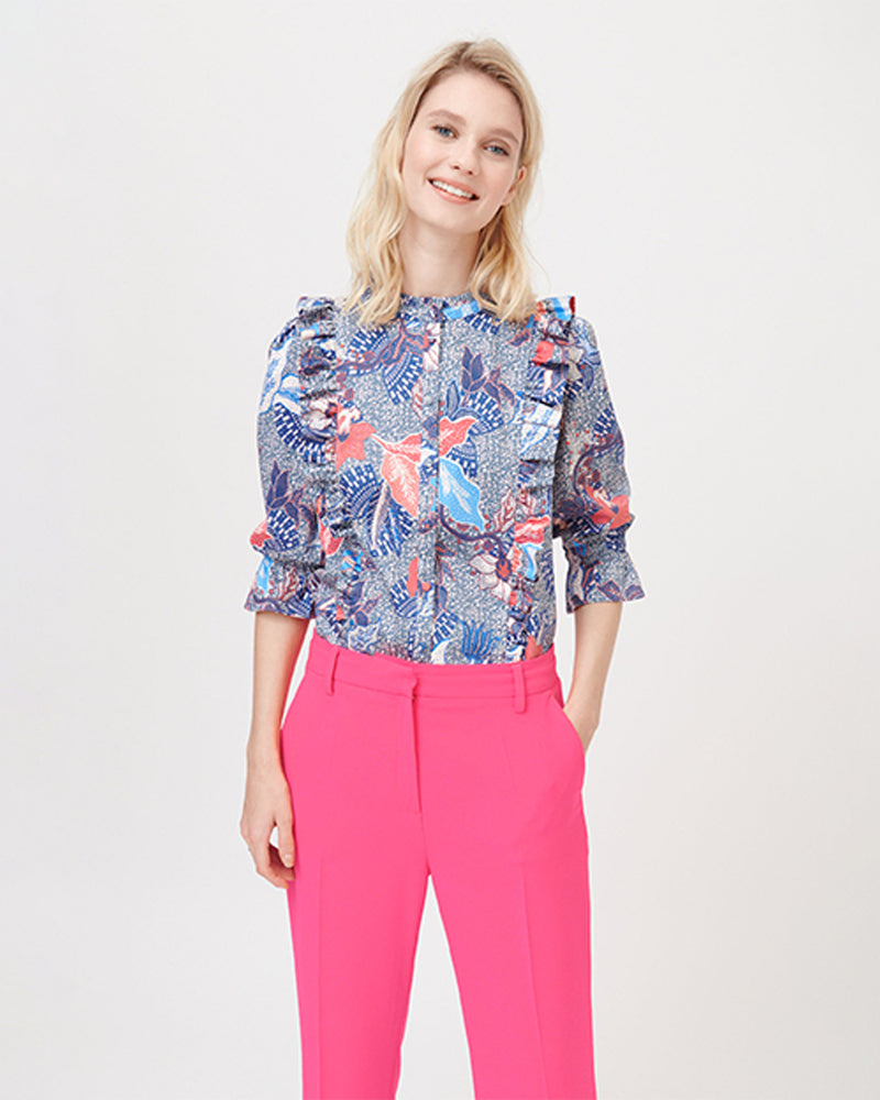 Print Blouse With Ruffle Shoulder