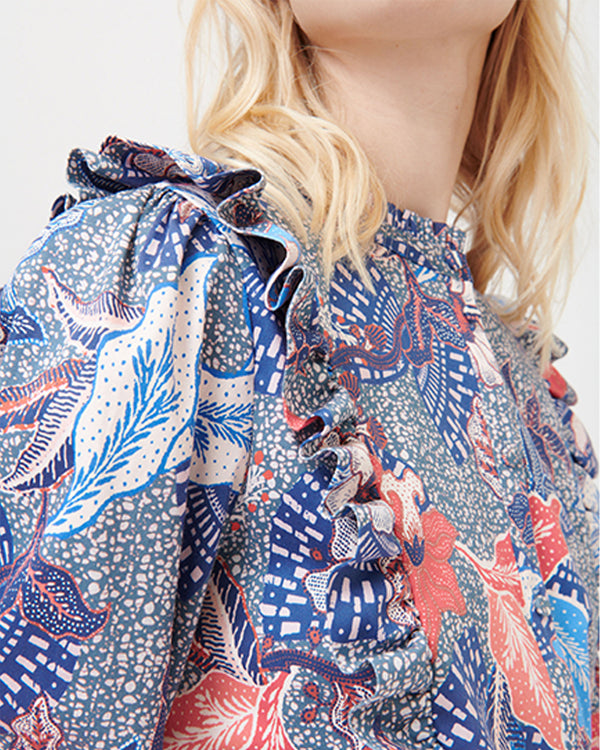 Print Blouse With Ruffle Shoulder