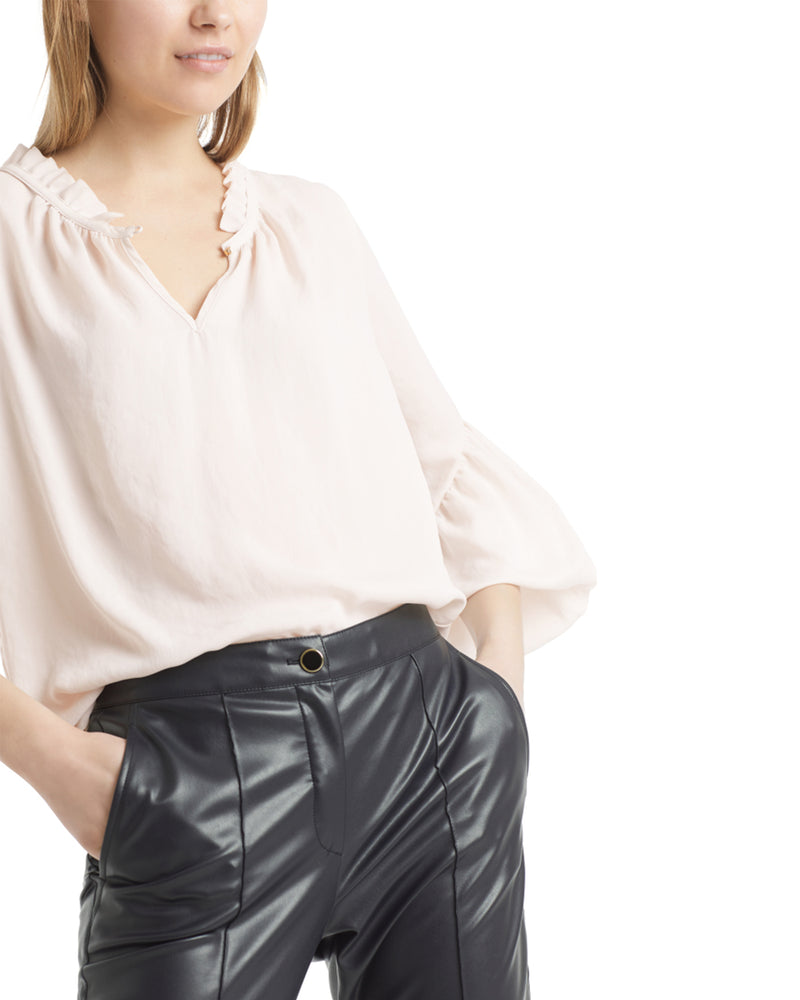 Ruffle Neck Blouse With Draped Balloon Sleeve