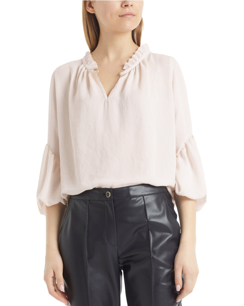 Ruffle Neck Blouse With Draped Balloon Sleeve