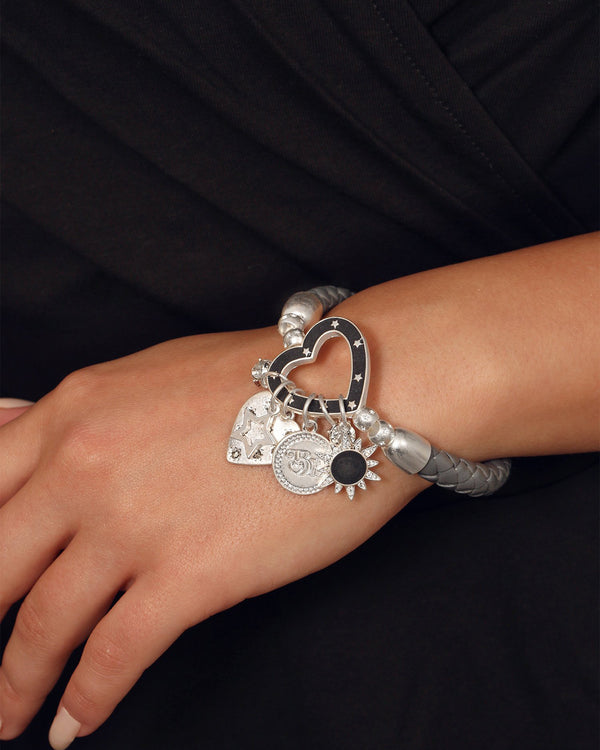 LAST ONE Plaited Grey Leather Charm Bracelet