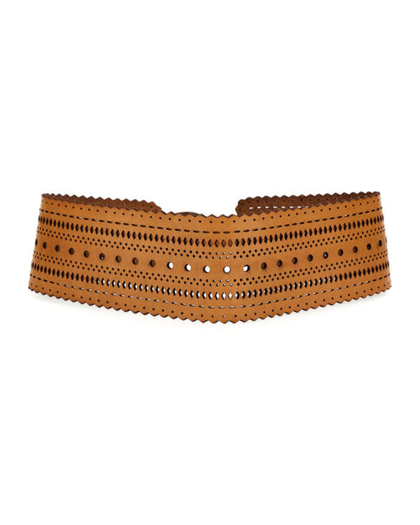 Perforated Wide Leather Belt in Camel
