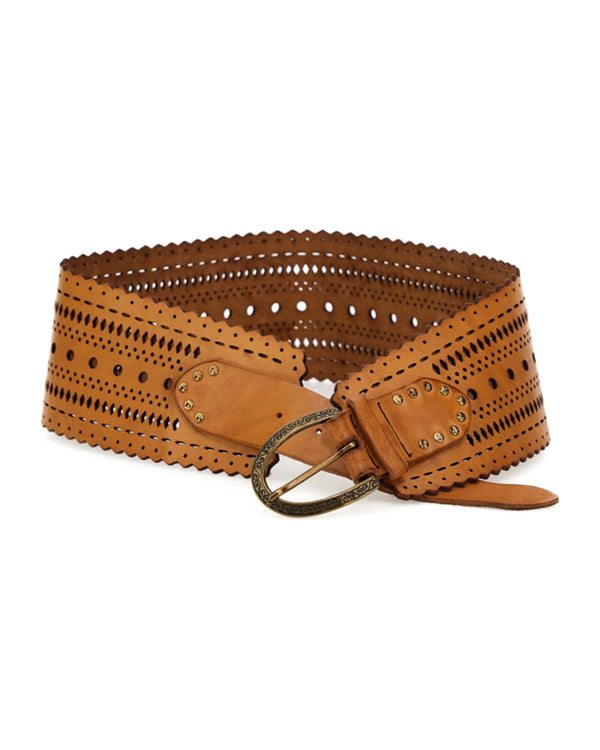 Perforated Wide Leather Belt in Camel