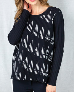 navy sweater with a white graphic print