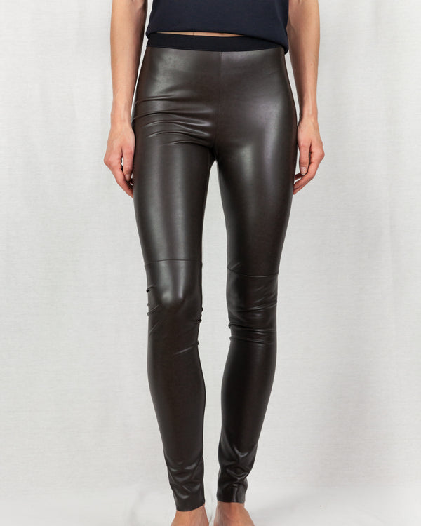 Brown pull-on full-length faux-leather stretch leggings