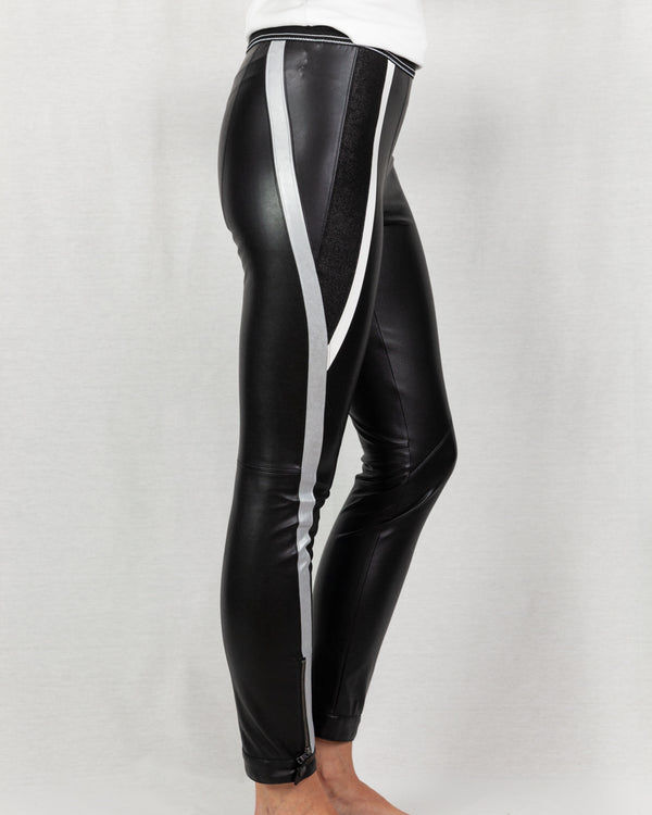 Stretch faux leather racer leggings with racing stripe