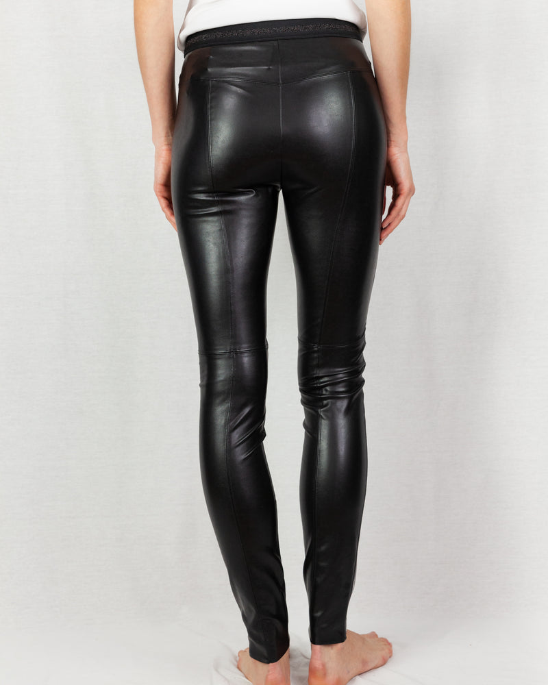 Black Faux stretch leather legging with wet look stripe down the outer leg