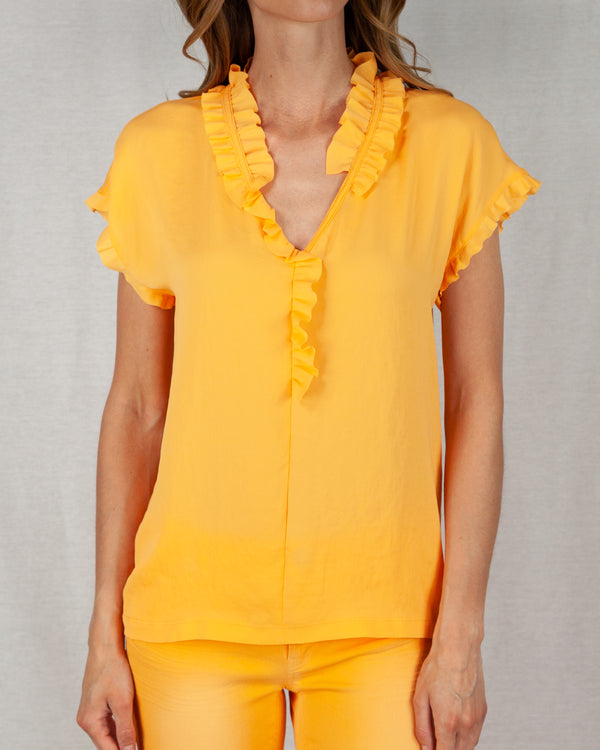 Orange loose fit hip length V-neck blouse