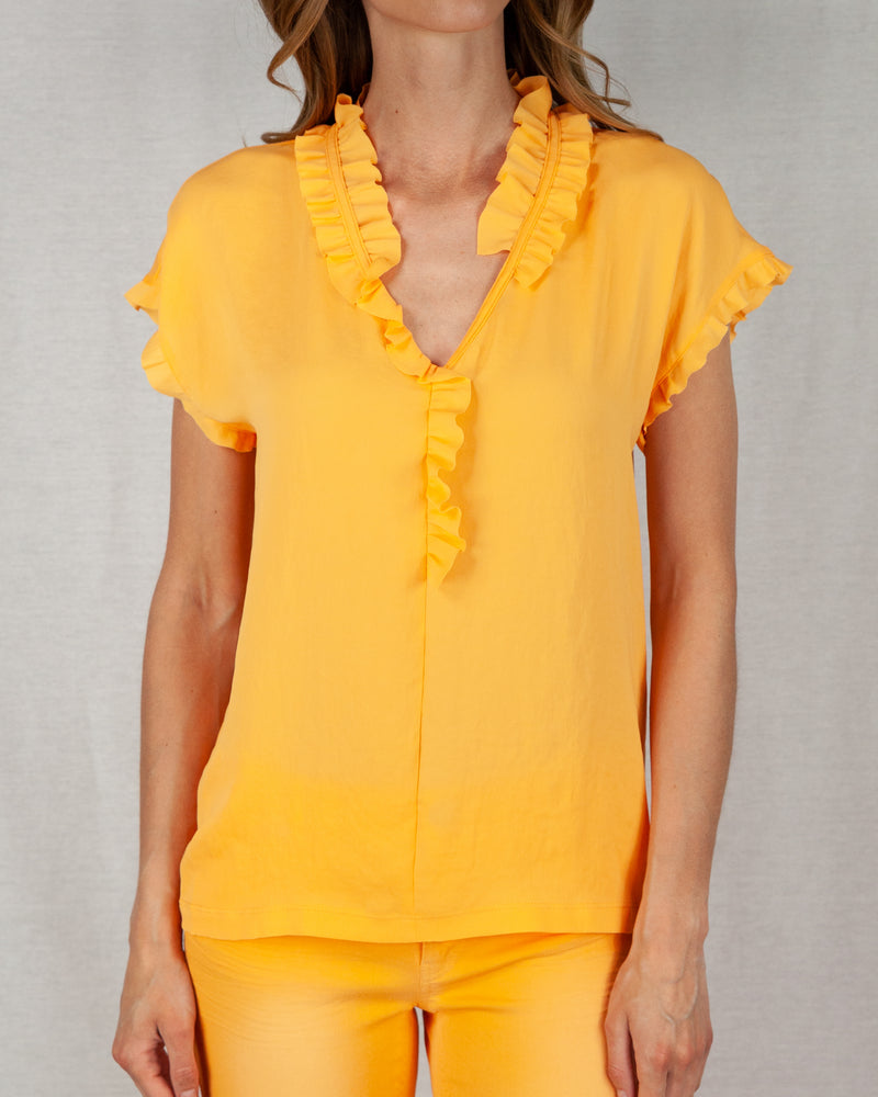 Orange loose fit hip length V-neck blouse