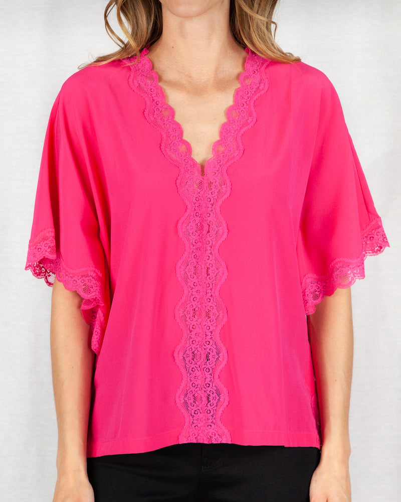 Fuchsia loose-fitting silk kimono shape blouse