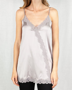 Grey Silk camisole with adjustable thin straps and triangle bust line