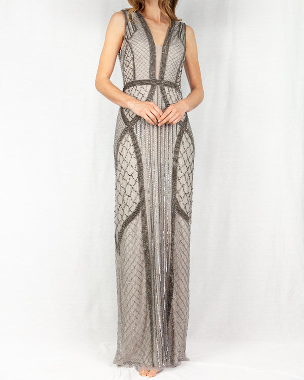 V-neck long beaded dress