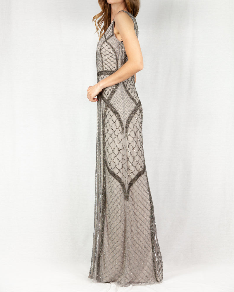 V-neck long beaded dress