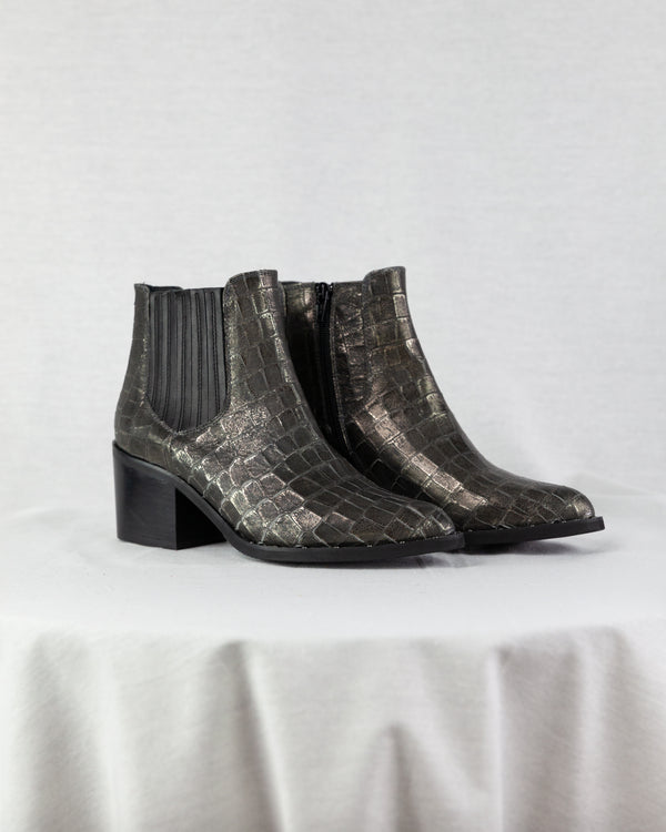 Crocodile print leather ankle boots