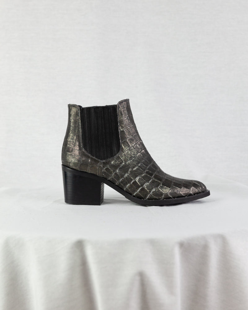 Crocodile print leather ankle boots