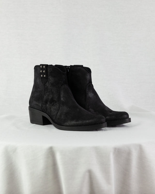 Black suede short block heel ankle boots