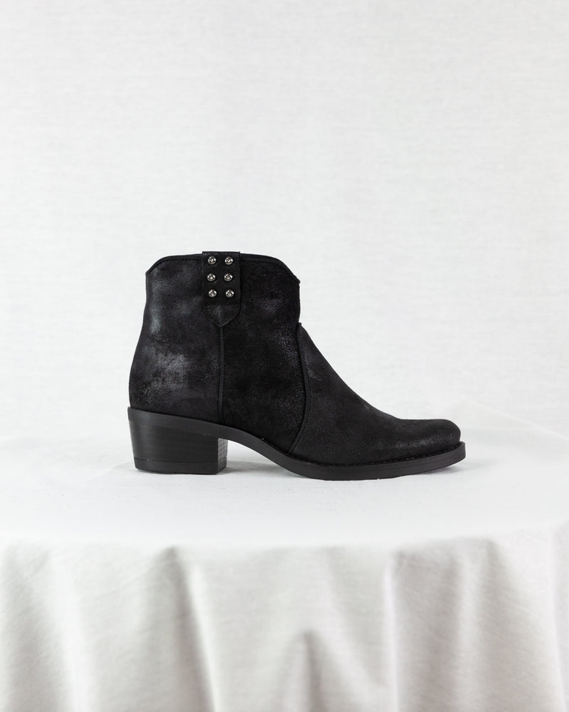 Black suede short block heel ankle boots