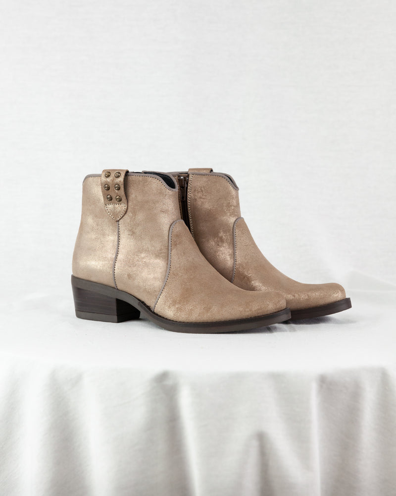 Gold suede short block heel ankle boots