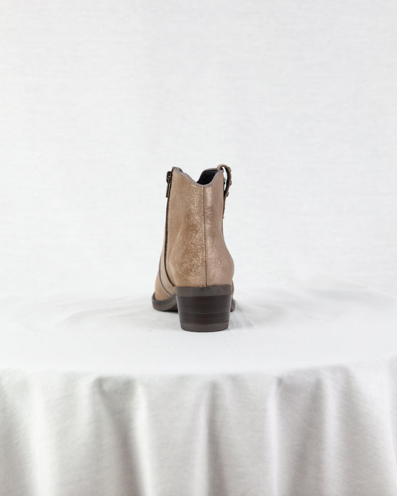 Gold suede short block heel ankle boots