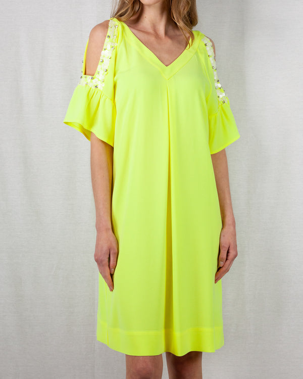 Acid above the knee cold shoulder pleated front dress