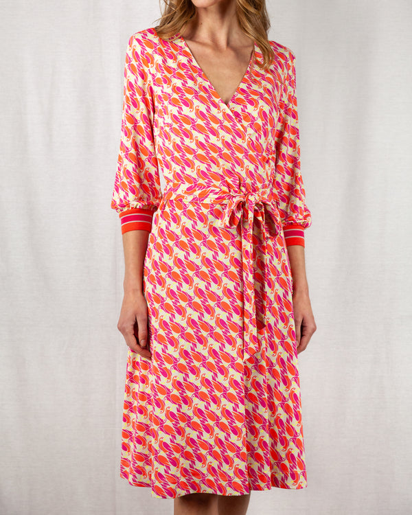  Pink and orange below knee length crossover printed dress