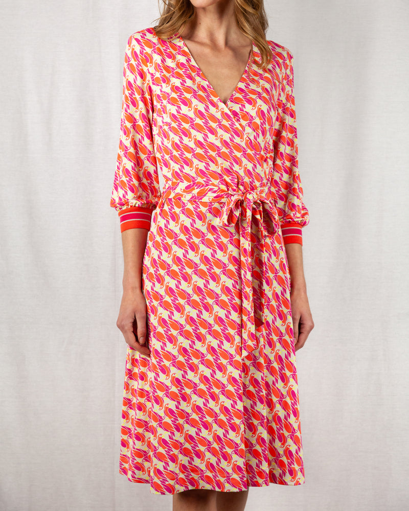 Pink and orange below knee length crossover printed dress