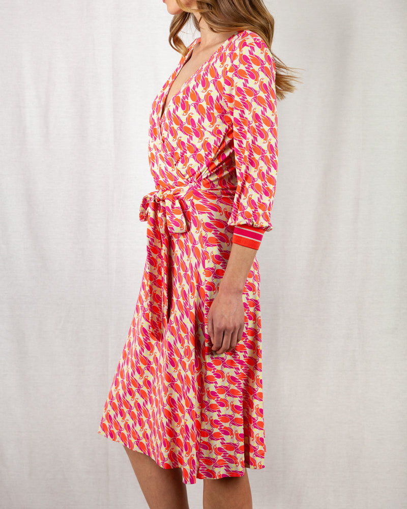  Pink and orange below knee length crossover printed dress