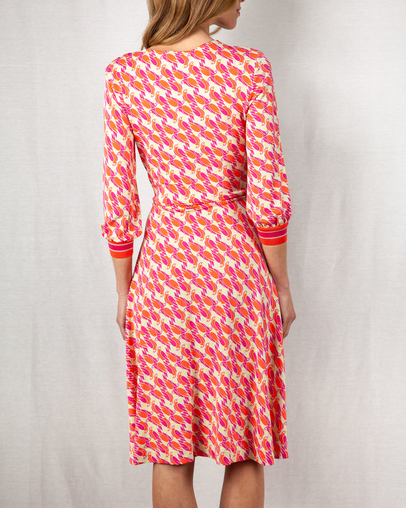  Pink and orange below knee length crossover printed dress