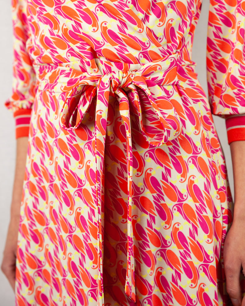  Pink and orange below knee length crossover printed dress