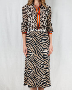 High waisted zebra stripe print midi skirt