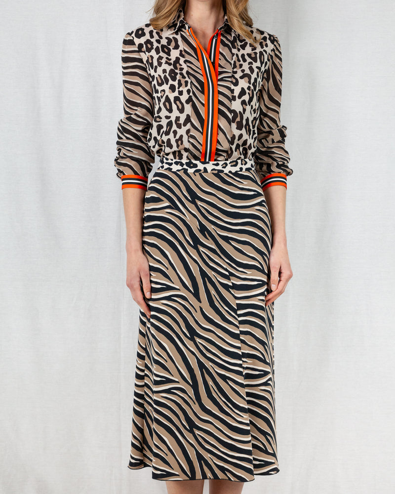 High waisted zebra stripe print midi skirt
