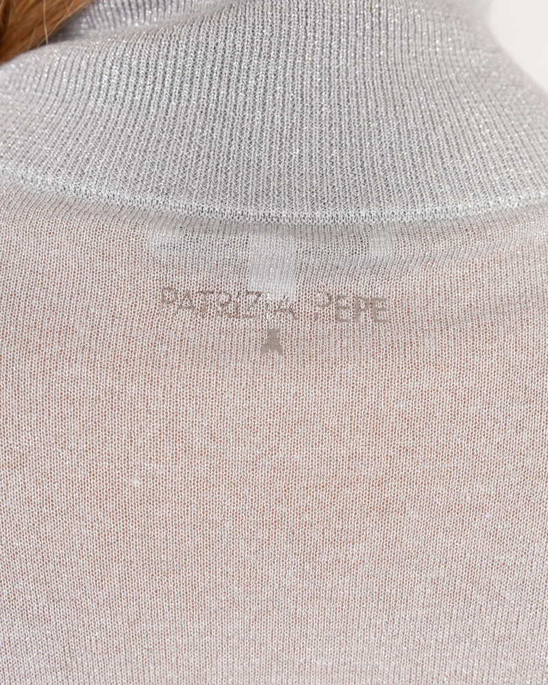 close up of super fine silver lurex sweater