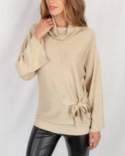 Beige Cowl Neck Lurex Tunic With Waist Tie