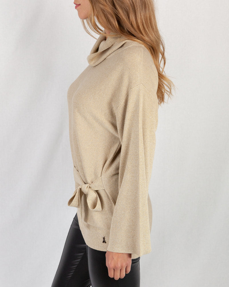 Side of Beige Cowl Neck Lurex Tunic With Waist Tie