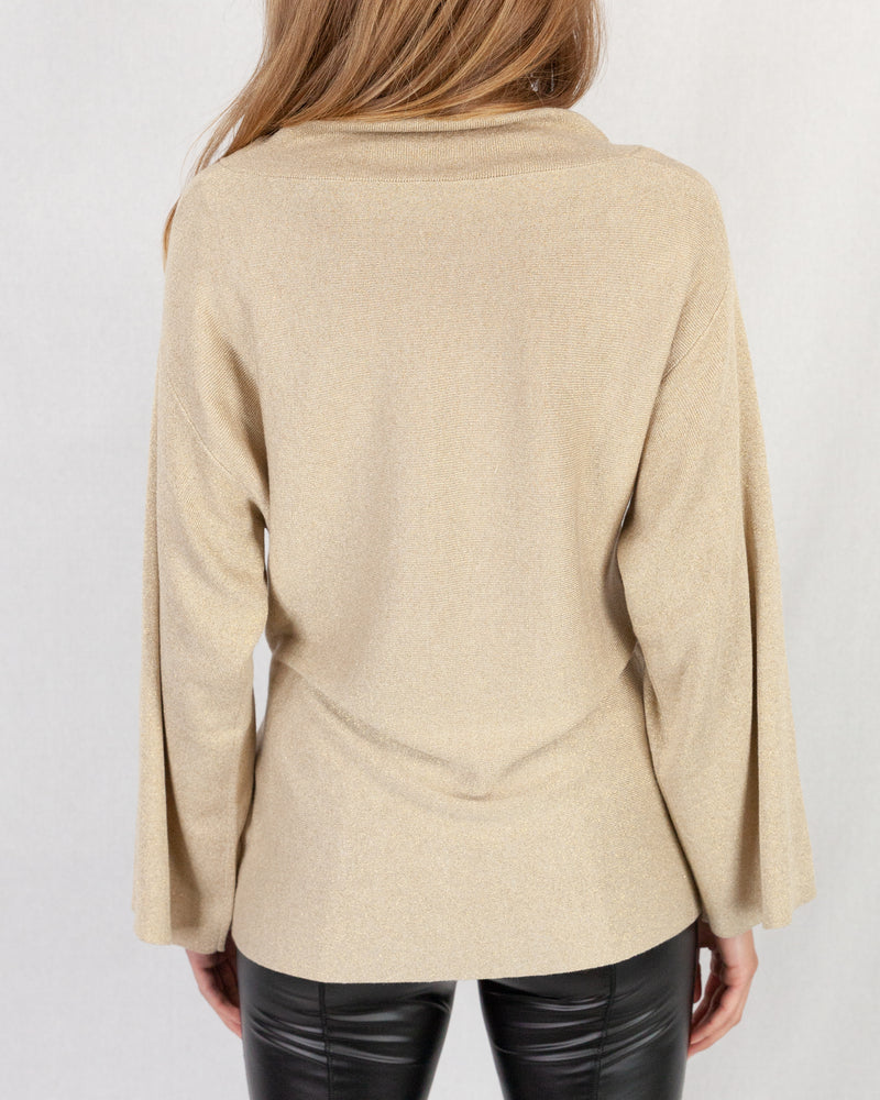 Back of Beige Cowl Neck Lurex Tunic With Waist Tie