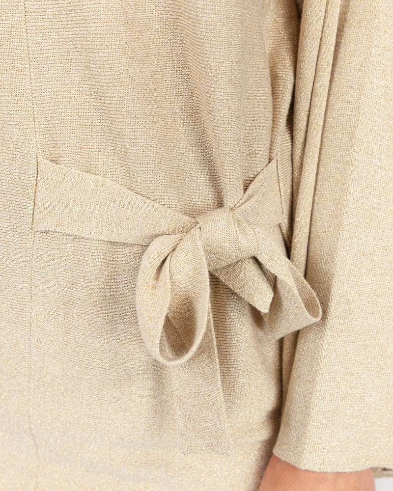 Close Up of Beige Cowl Neck Lurex Tunic With Waist Tie