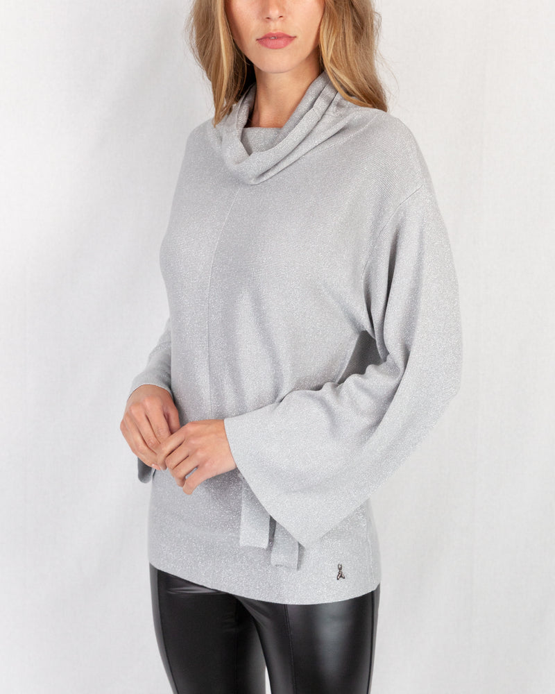 Grey Cowl Neck Lurex Tunic With Waist Tie