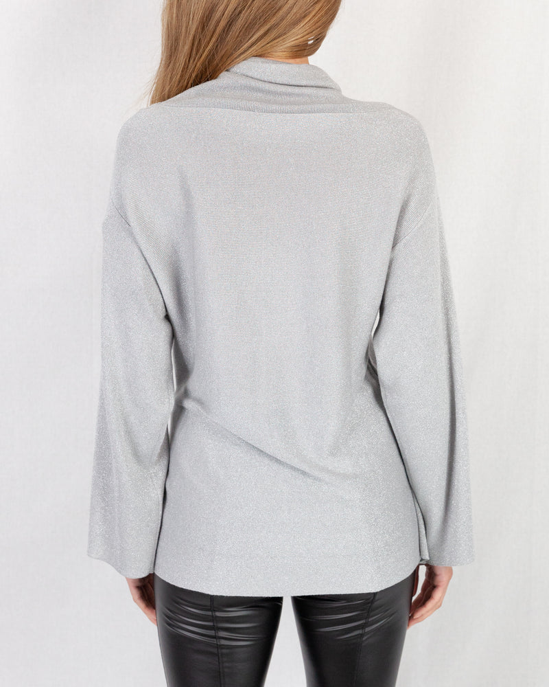 Back of Grey Cowl Neck Lurex Tunic With Waist Tie