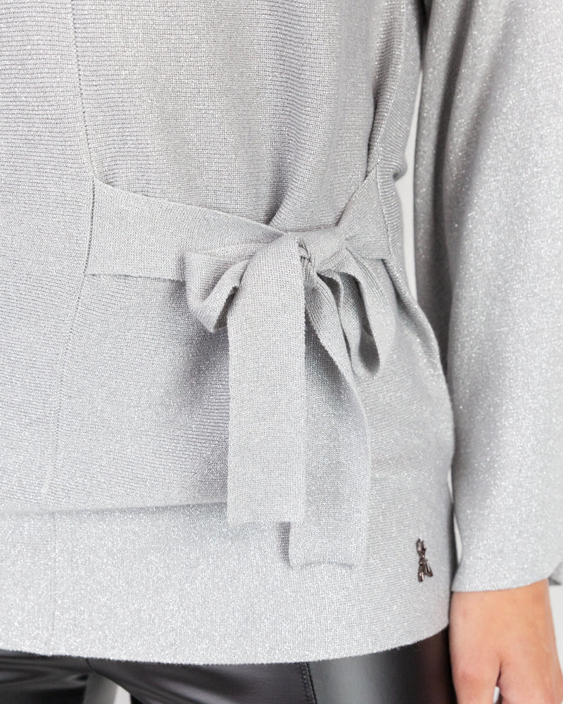 Close Up of Grey Cowl Neck Lurex Tunic With Waist Tie