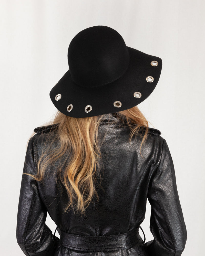 back of wide brim hat with eyelets