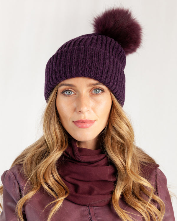 Oversized Burgundy Knit Hat With Fur Pom Pom