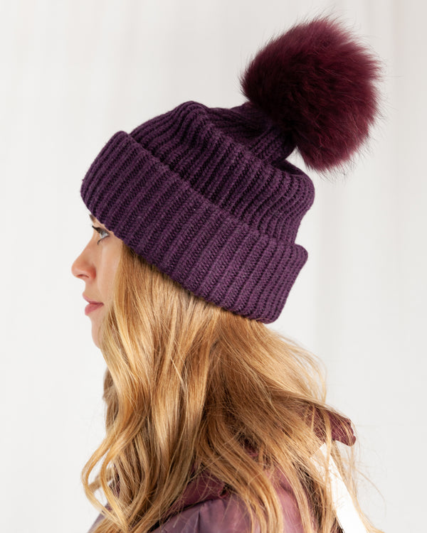 Oversized Burgundy Knit Hat With Fur Pom Pom