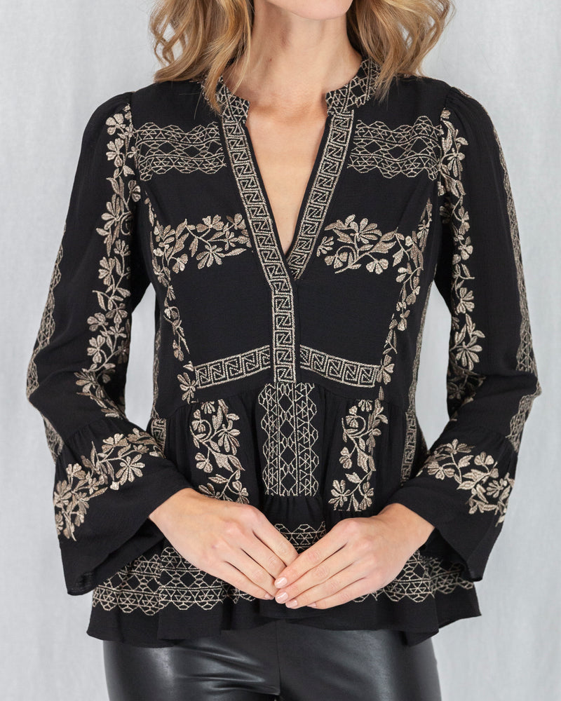 Black & Gold Smock Embroidered Blouse