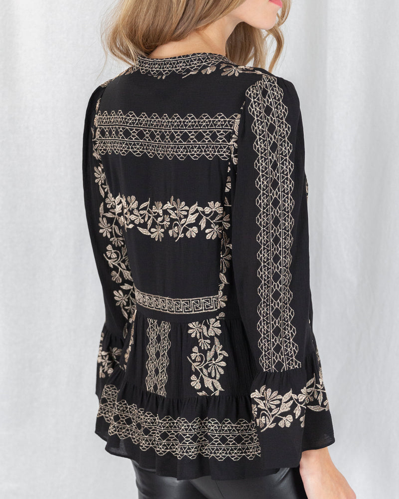 Black & Gold Smock Embroidered Blouse