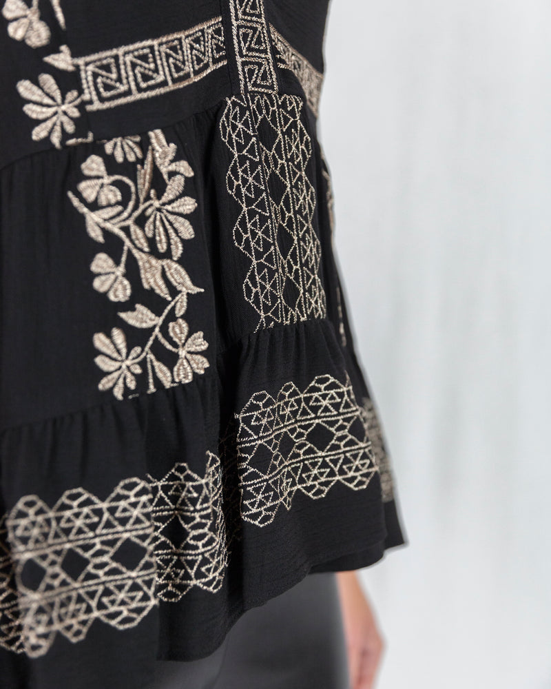 Black & Gold Smock Embroidered Blouse