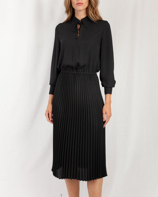 Black Shirt Dress, Collar With Tie Neck & Neck Opening. Lightweight & nbsp; Cufflink Detail Elasticated Waist & nbsp Pleated Midi Length Skirt Style with belt two in one.